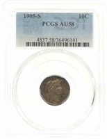 1905-S US BARBER 10C SILVER COIN PCGS AU58