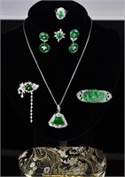 Group of 7 Jadeite & Diamond Jewelry w/Box