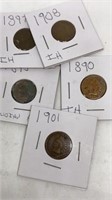 5 assorted Indian head pennies