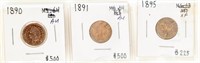 Coin 1890+1891+1895 Indian Head Cents-AU