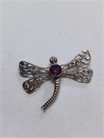 Sterling ? Purple Stone Dragon Fly Broach- 7.6g