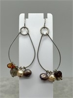 Sterling Silver Cultured Pearl & Amber Earrings