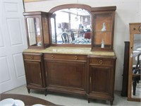 WALNUT MARBLE TOP BEVELED MIRRORED BACK SIDEBOARD