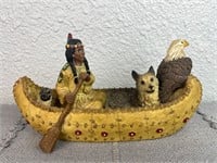 Vintage 10in Native American in Canoe w/Wolf&Eagle