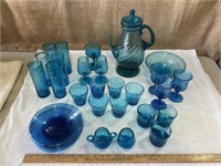 Teal blue hand-blown glassware, 6 desert plate, 6
