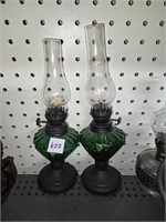 Pair of Green Glass Mini Oil Lamps w/Globes