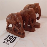 3 WOODEN CARVED ELEPHANT FIGURINES 8 IN, 7 IN, 6