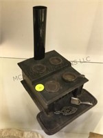 antique cast iron toy coal stove, w tools,