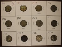 Lot of 12 Different Date Buffalo Nickels