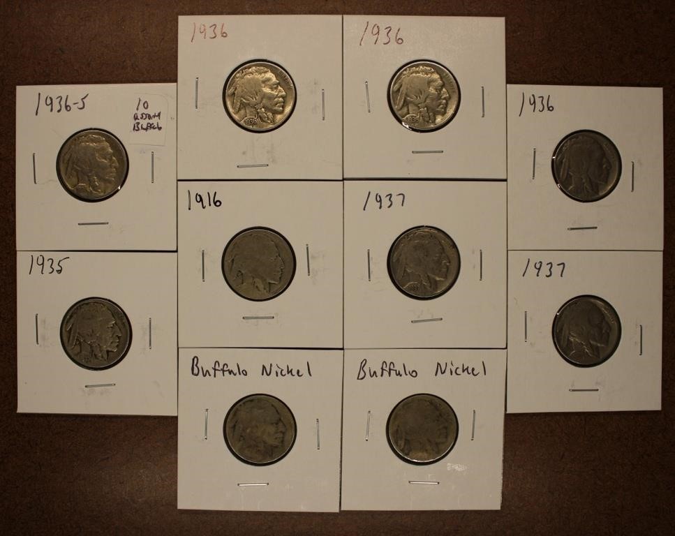 Lot of 10 Assorted Buffalo Nickels