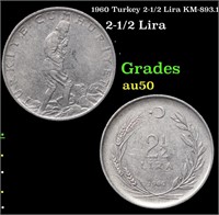 1960 Turkey 2-1/2 Lira KM-893.1 Grades AU, Almost