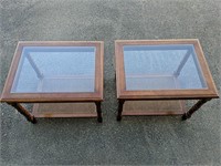 Glass top, wooden side tables with wicker inlay