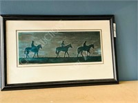 etched glass "3 horse & riders" signed