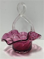 Ruby Red Glass Basket Bowl with handle. Approx.