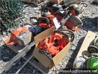 LOT OF CHOP SAWS, HEDGE TRIMMER, BLOWER FOR PARTS