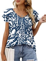 O747  Mengpipi Ruffle V-Neck Blouse, White Blue, L