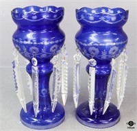 Pair of Blue Cut to Clear Crystal Lustres / 2 pc