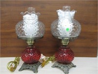 Pair of Double Globe Lamps with Cranberry Bases