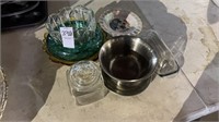 Assortment of glass ashtrays, butter container,