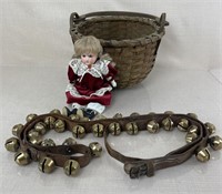 Antique Sleigh Bells, Split Ash Basket, and Doll