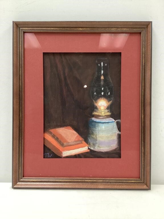 Signed Framed Oil Pastel Artwork of Oil Lamp