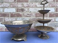 (2 PCS) SILVER TONE FOOTED BOWL & 3 TIER SERVING