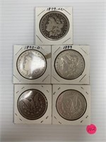 5 MORGAN DOLLARS 1879 CC, 1889, 2 1889 O 1891 O