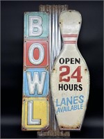 Retro Metal Bowling Open 24 Hrs Wall Decor Sign