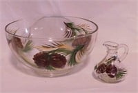 Hand painted pinecone glass salad set: Large