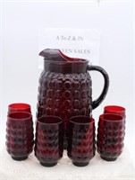 ANCHOR HOCKING 7 PC RUBY RED "BUBBLE" JUICE SET