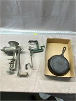 food grinder cast iron pan and corner clamp