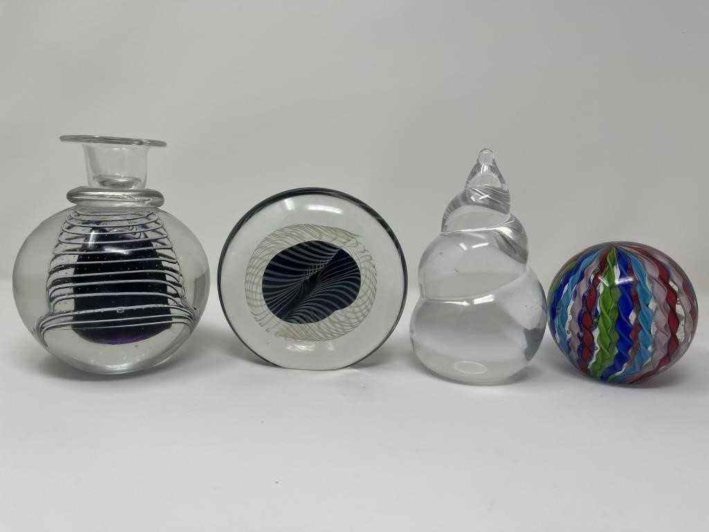 4 Glass Paperweights 3 Signed