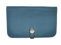 Blue Flat Grain Leather Full Flap Bi-Fold Wallet