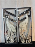 Pair of Glass Panel Framed Crane Art Minor Wear