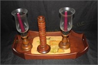 Wooden Serving Tray 21 x 10, (2) Hurricane Candle