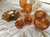Seven Pcs Marigold Carnival Glass including goblet