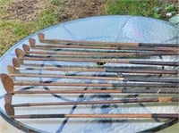10 antique wood handle golf clubs, hand forged pue