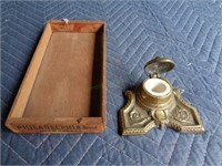 2 pc Lot Wooden advertisement and Brass Ink Well