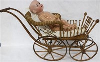 VICTORIAN WICKER & WOOD DOLL CARRIAGE TOGETHER