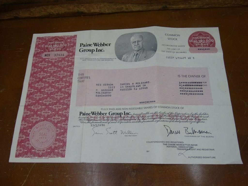 Paine Weber Stock Cert One Share 11/13/86