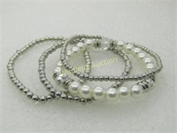 4 Silver Beaded Faux Pearl Stretch Bracelets, 7" a