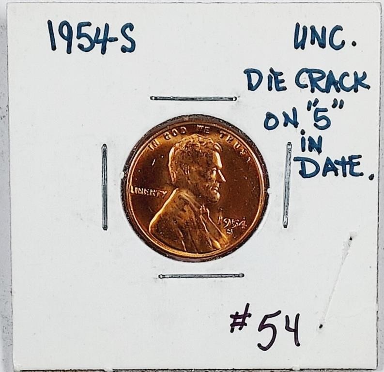 1954-S  Lincoln Cent  Unc  Die Crack on 5 in date