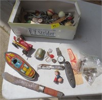 Box misc. items, toys, knife