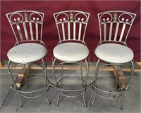 Three Ornate Heavy Metal Stools With Foot Rest
