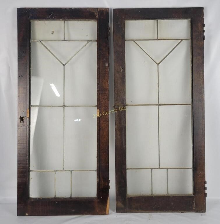 2 Antique Lead Glass Cabinet Doors