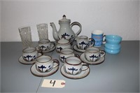Pottery pot and cups/saucers, drinking