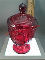 Fenton red glass covered candy dish heart and