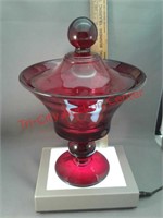 Red glass compote candy dish with lid handmade