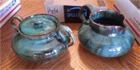 HAND CRAFTED SUGAR & CREAMER, BROWN/TEAL