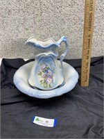 Small blue & white pitcher and bowl
